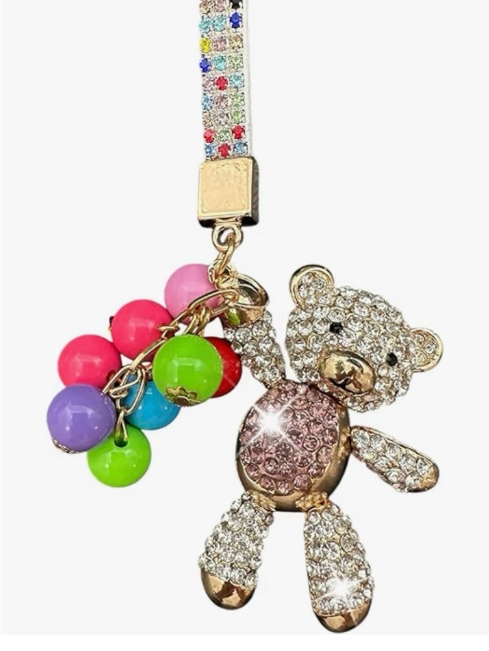 NWT keychain/Bag charm Crystal Teddy Bear&balloons charm w/Colorful Bead Charm